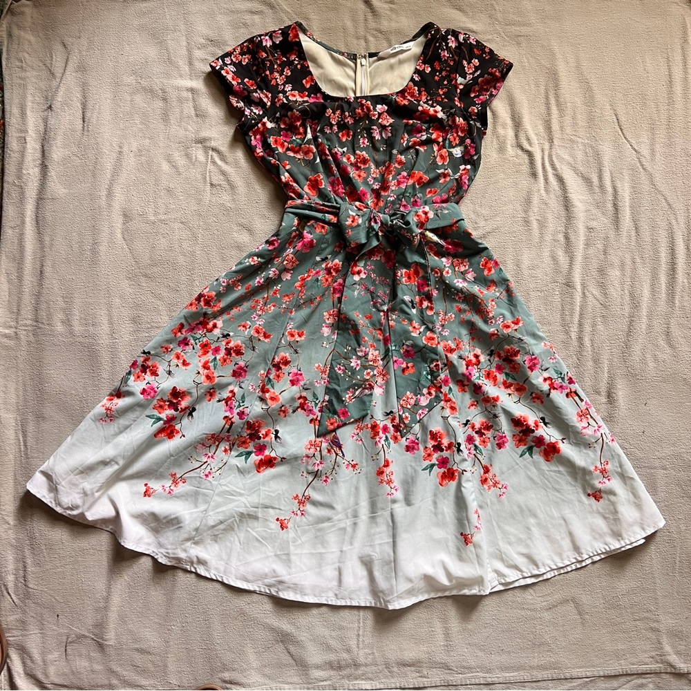 eShakti Floral and Bird Dress with Red and Pink Accents-WITH POCKETS
